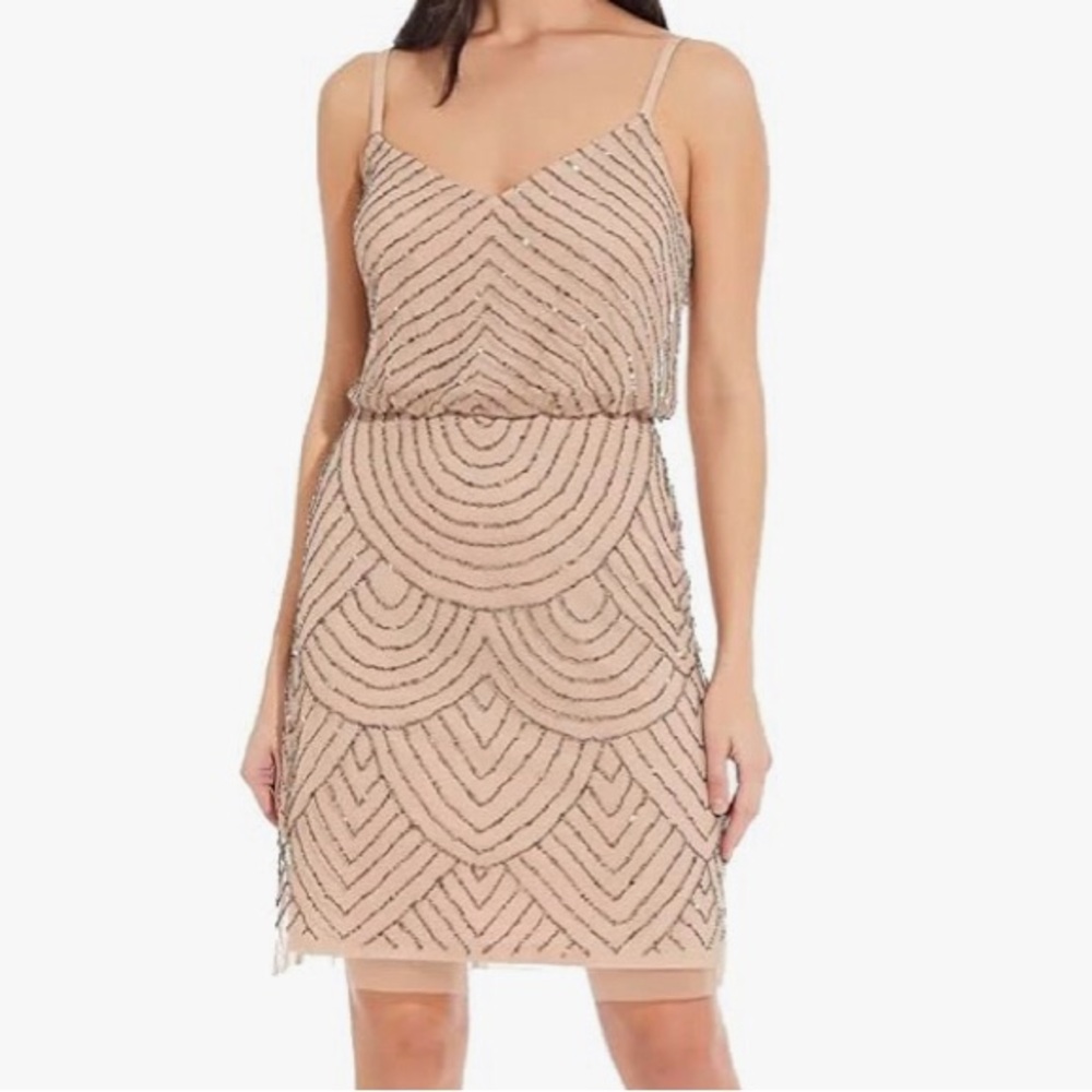 ADRIANNA PAPELL Art Deco champagne pink dress with beaded mesh overlay size 2